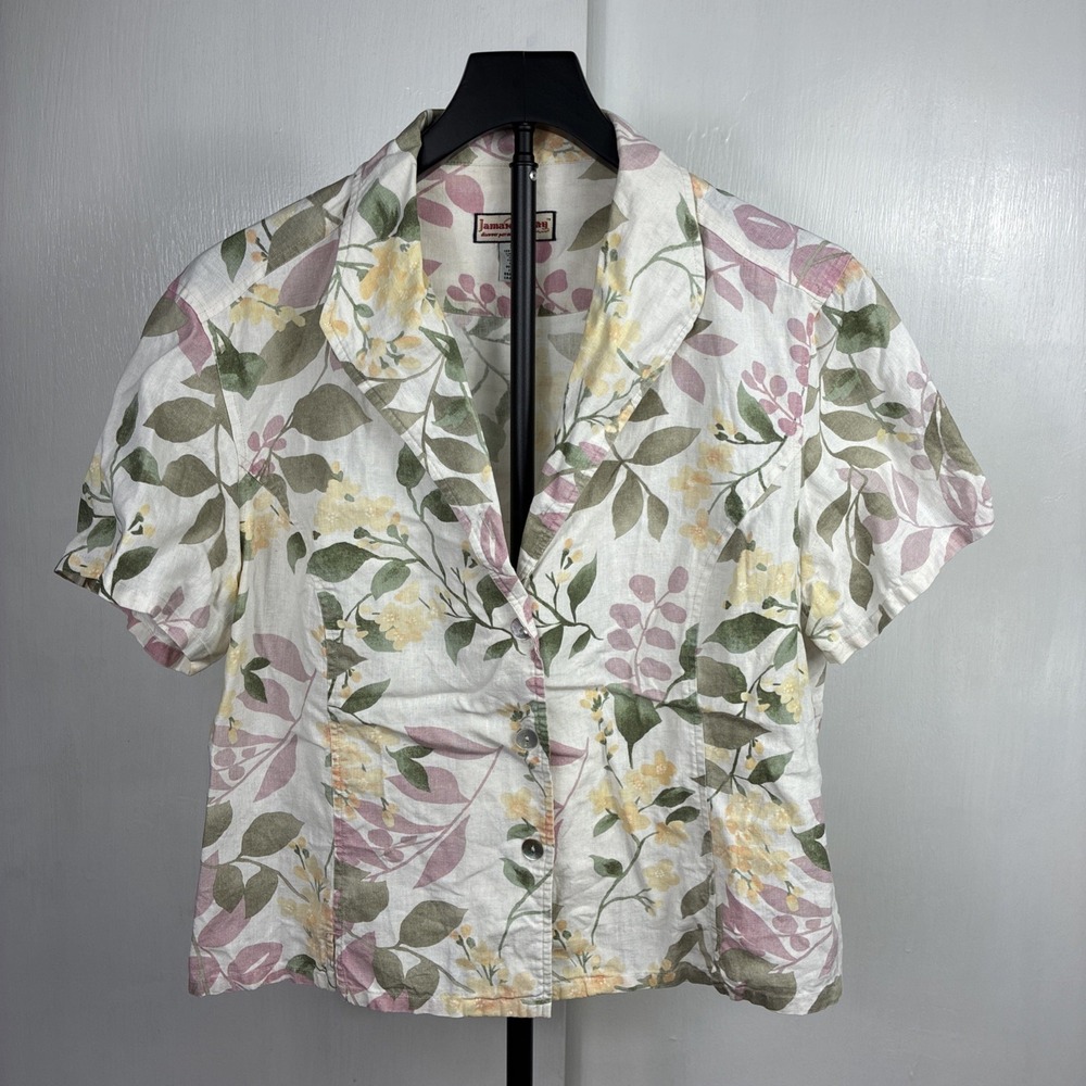 Jamaica Bay XL 100% Linen Collared Button Down Shirt Short Sleeve Floral Print